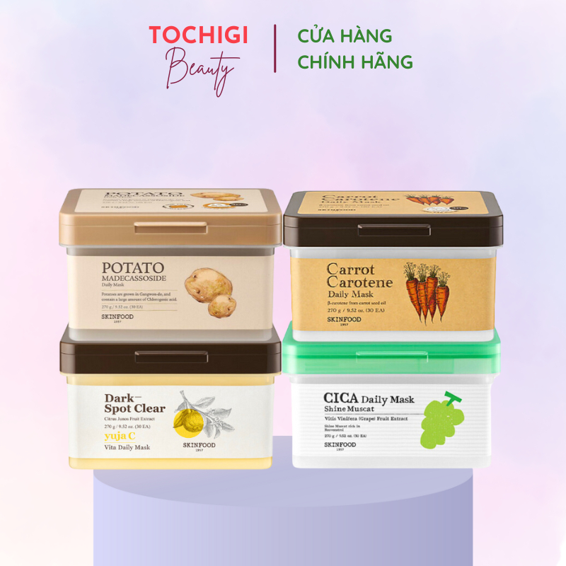 Hộp 30 miếng mặt nạ Skinfood Carrot Carotene Daily Mask, Potato Madecassoside, Dark Spot Clear Yuja Vita