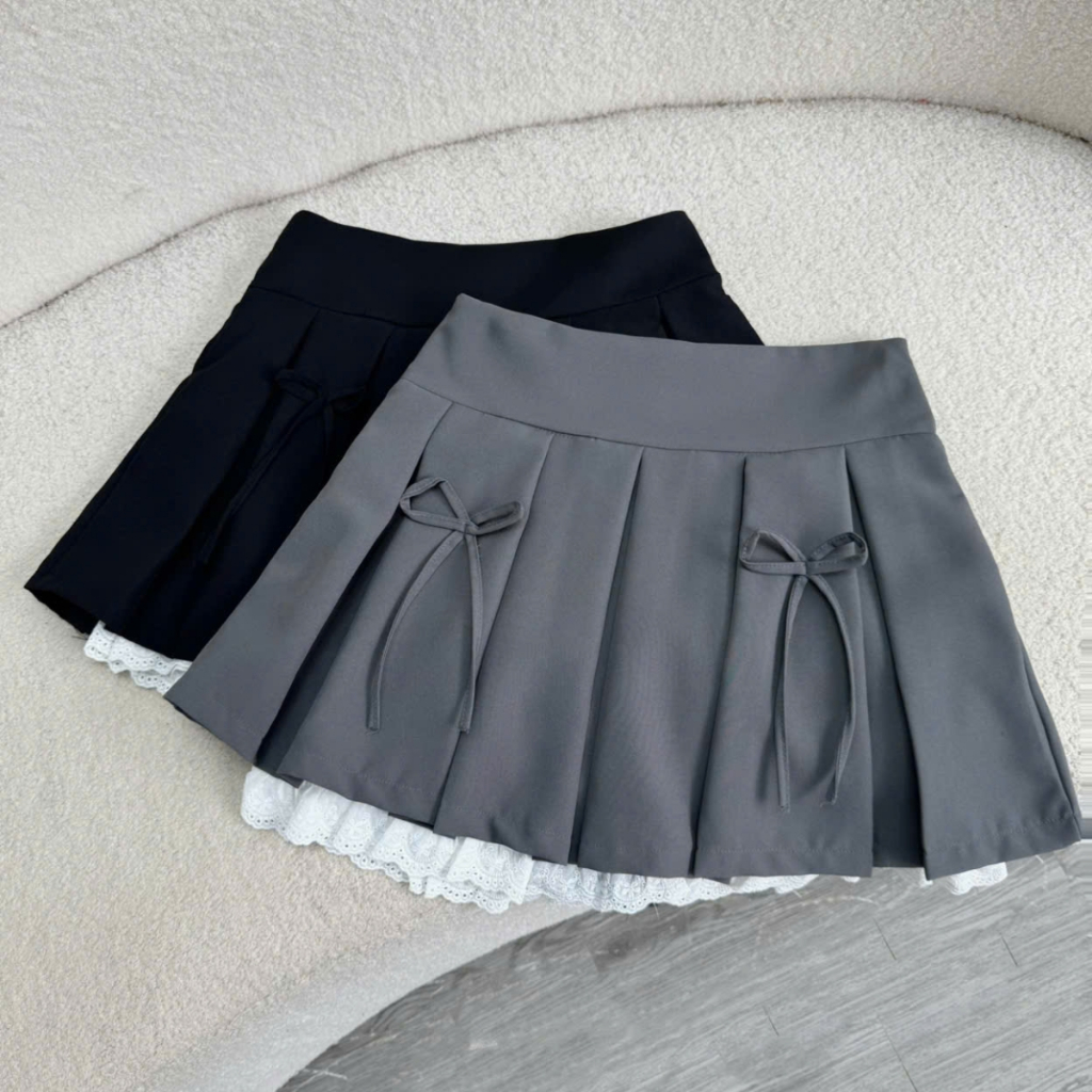 Chân Váy Bigsize Nữ Dáng Xếp Ly Xòe Phối Ren Dễ Thương Kèm Nơ Đứng Form Cho Chubby | BigBuy360 - bigbuy360.vn