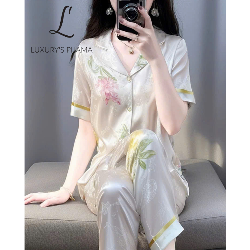 Đồ bộ LUXURY PIJAMA lụa latin cao cấp, mềm mịn sang trọng tay ngắn họa tiết hoa TN018