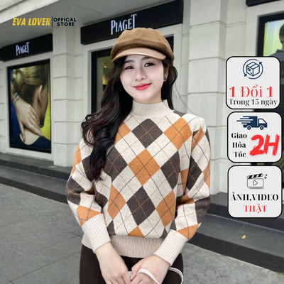 Áo len nữ Evalover mã 641 họa tiết trám caro chất len ép dầy dặn,  form dáng xuông dễ mặc