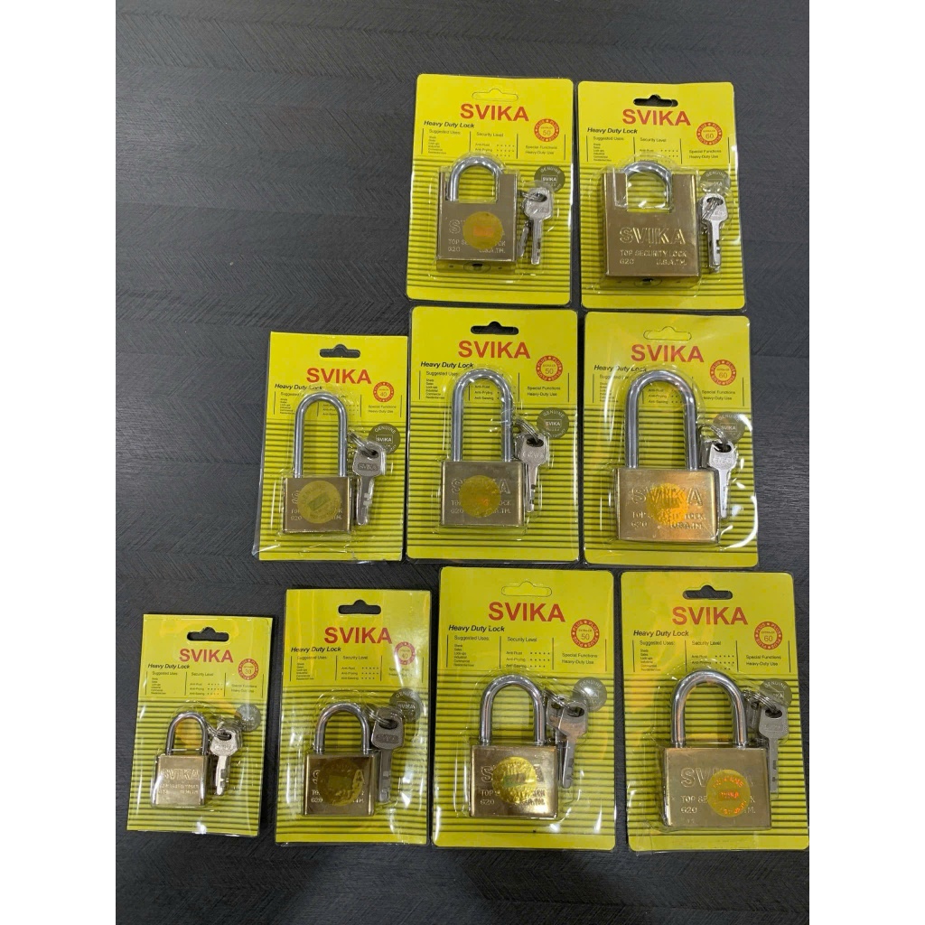 Ổ Khoá Svika Thường/ Chống Cắt/ Dài Màu Vàng đóng vỉ 3/4/5/6 Phân. (30mm) (40mm) (50mm) (60mm)