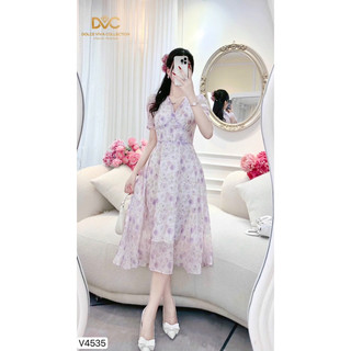 v4535 Váy thiết kế tơ hoa nhí tím cổ V đính cúc ngọc nền nã thanh lịch