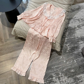  Bộ ngủ mặc nhà pijama tiểu thư  lụa Quảng Châu cao cấp LEI gấm hồng 