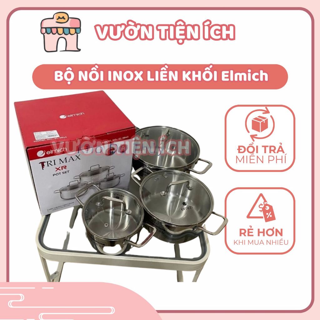 Bộ nồi inox liền khối Elmich Trimax EL- 3843 size 16, 20, 24cm chính hãng - Vườn Tiện Ích