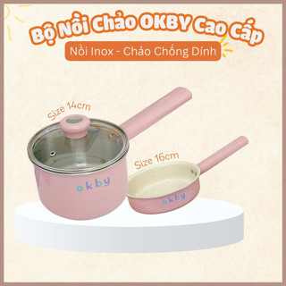 Bộ nồi chảo ăn dặm cho bé Okby dùng được tất cả các bếp, Bộ nồi chảo chống dính size 14/16cm cho bé ăn dặm có vạch chia