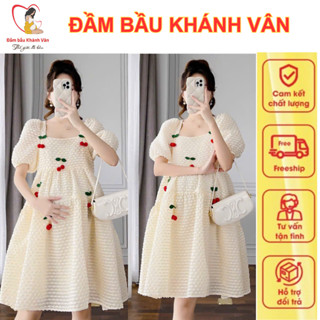  Đầm Váy Bầu Cổ Vuông Dáng Babydoll Trang Trí Quả Cherry - Đầm bầu thiết kế cộc tay siêu xinh bầu đi làm đi chơi... 