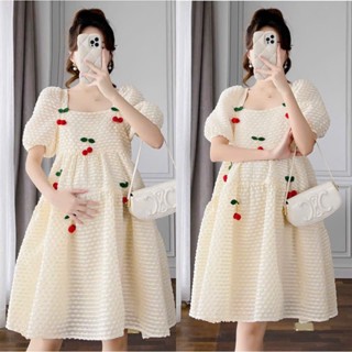  Váy Đầm Bầu Cộc Tay Cổ Vuông Dáng Babydoll Trang Trí Quả Cherry - Đầm bầu thiết kế siêu xinh bầu đi chơi đi làm... 