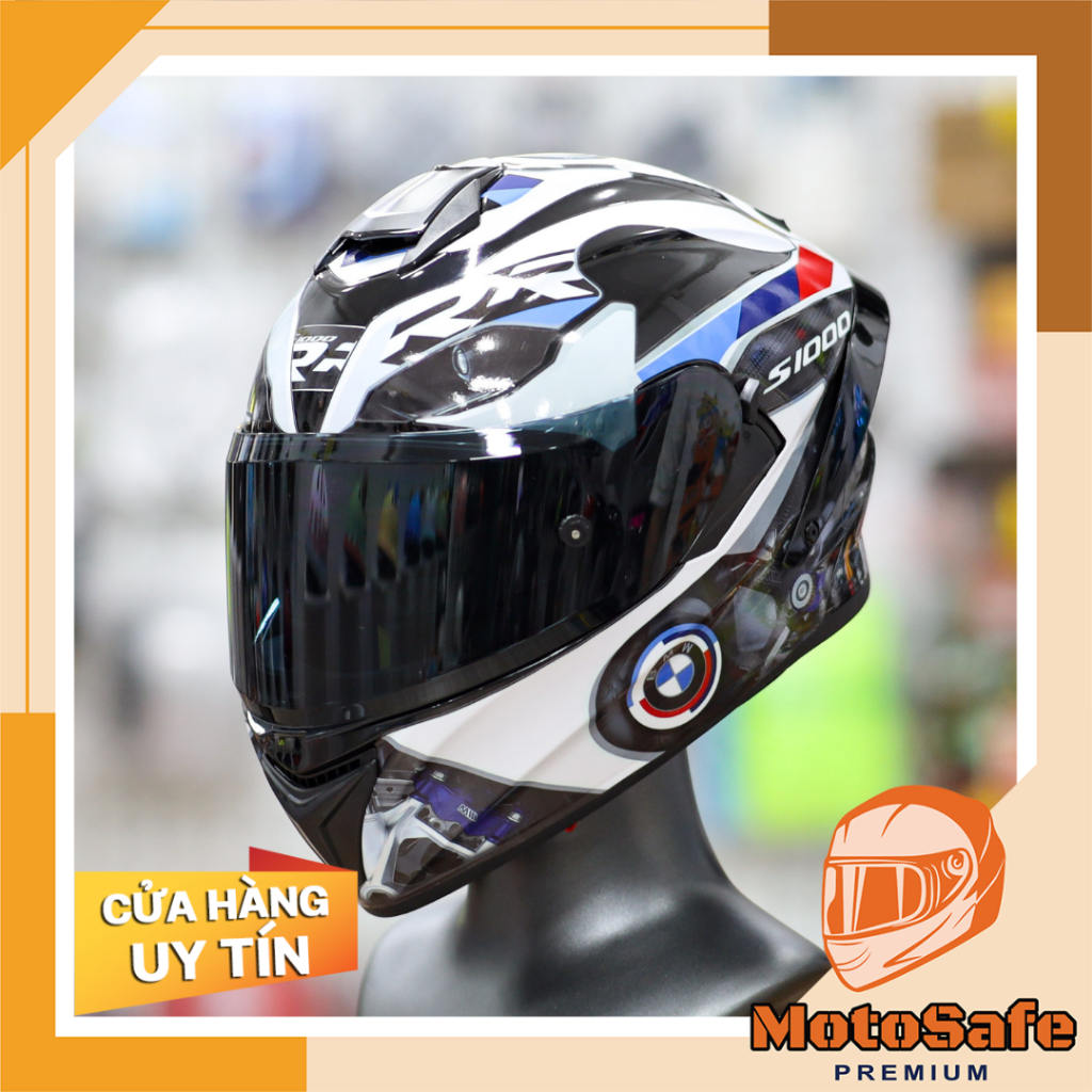 Combo Mũ Fullface 2 Kính EGO E81 Đen Bóng + Dán Tem Decal BMW 2025 + Kính Đen Và Đuôi Gió Pista