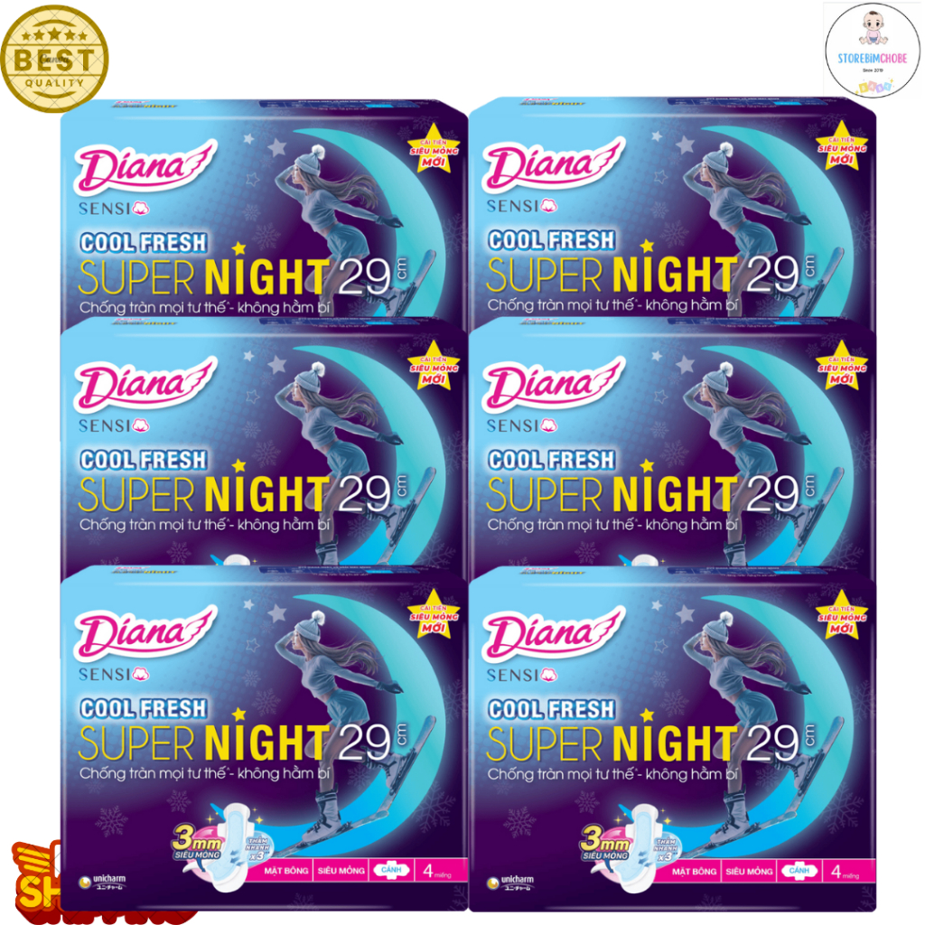 Bộ 6 gói băng vệ sinh Diana ban đêm Sensi Cool Fresh Night 29cm 4 miếng/gói