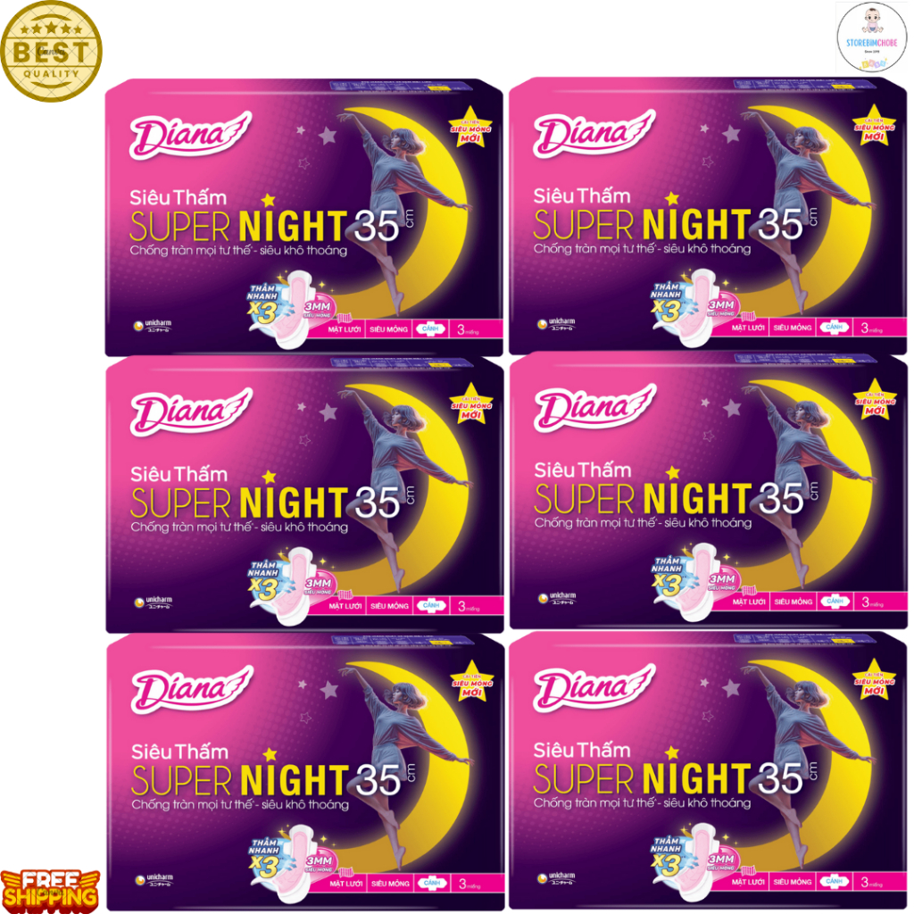 Bộ 6 gói băng vệ sinh Diana siêu thấm ban đêm Supernight 35cm 3 miếng/gói