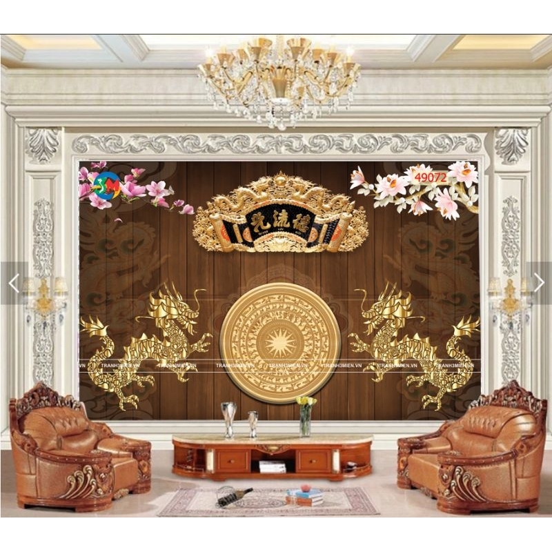 Tranh dán tường 3d  trang trí phòng thờ bàn thờ gia tiên in vải lụa Decor Phòng - tranh dán tường