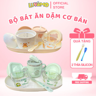 Bộ bát ăn dặm, cốc tập hút chia vạch kèm khay và thìa silicon cho bé ăn dặm truyền thống từ 5 tháng Luvamo