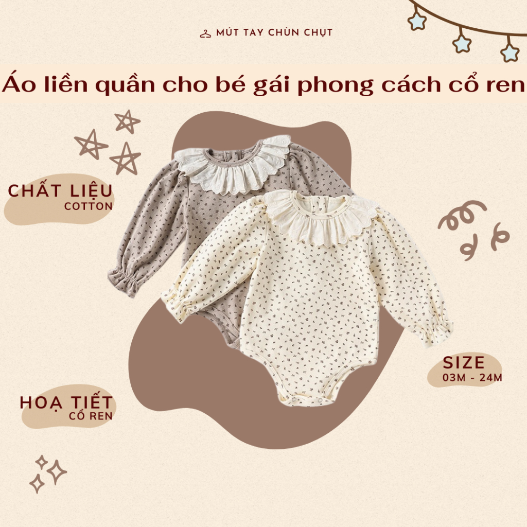Bodysuit cho bé | Bodysuit cho bé gái bé trai cổ viền hoa nhí | Bộ liền thân dài tay cotton mềm Hàn 