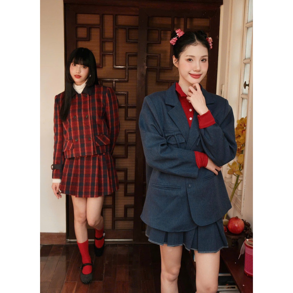 Kuchimachic-(Bruno Set CÓ TÁCH LẺ) Áo Blazer nơ hai bên túi/ Chân váy xếp li chất liệu Tuýp si
