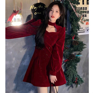 ( Có đệm mút ) Váy nữ nhung đỏ kim tuyến hở ngực dài tay tôn dáng Đầm nữ tay bồng nữ tính bánh bèo đi chơi Tết T1002G