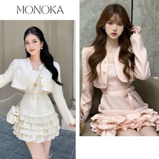  Set Dạ Tiểu Thư 2 Món Gồm Váy Dạ 2 Dây Bèo Gấu Nhiều Tầng Có Đệm + Áo Khoác Dạ Cúc Ngọc Dáng Croptop Sang Chảnh T755G 