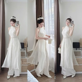  SET ÁO DÀI PHỐI VOAN TRỄ VAI CHÉO CỔ QUẦN SUÔNG 