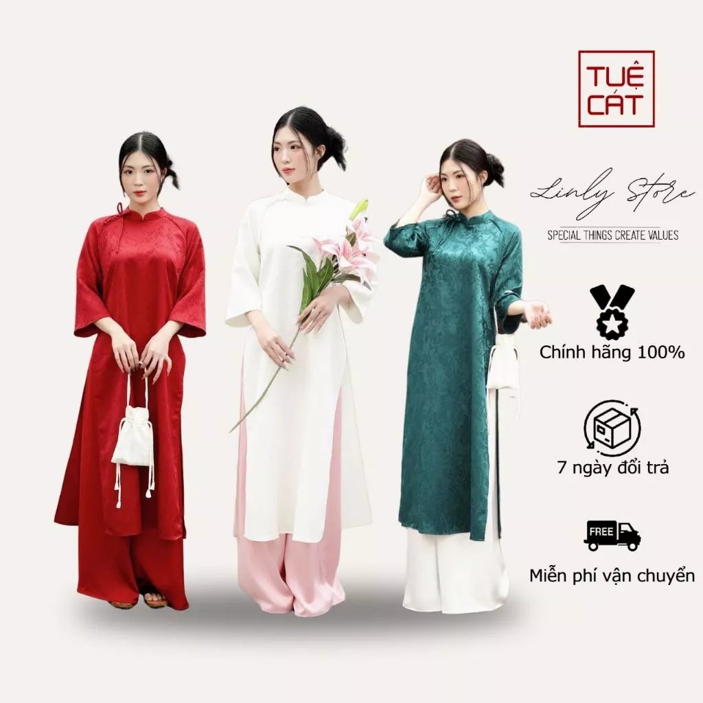 Set áo dài Tuệ Cát, áo dài gấm và quần lụa phối nơ mặc Tết Linly Store