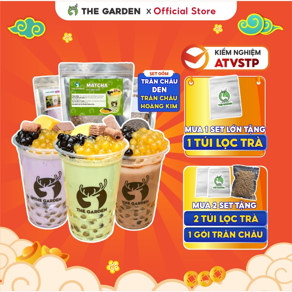 Set Trà Sữa Tự Pha Trân Châu Đường Đen  THE GARDEN, Nguyên Liệu Làm Trà Sữa Phúc Long, Matcha 10 vị 6-8 Ly