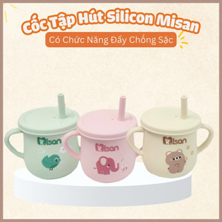 Cốc tập hút silicon Misan có chức năng đẩy 3 giai đoạn cho bé từ 6  tháng tuổi chống sặc, Cốc uống nước silicon Misan