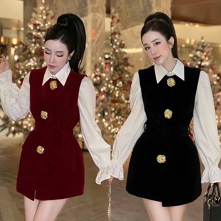  BIGSIZE HIẾU HIẾU  55-100KG  - Set váy nhung dáng ngắn đính kèm tag hoa + Áo sơ mi trắng tay dài S481 