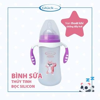 Bình sữa thủy tinh tráng silicone, bình sữa cổ rộng Gluck, không phát sinh hạt vi hhựa, không BPA
