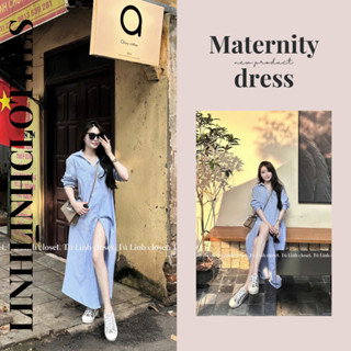 Đầm bầu sơ mi maxi mùa hè , váy bầu thiết kế dáng dài kẻ xanh trẻ trung năng động đi làm đi chơi đều phù hợp