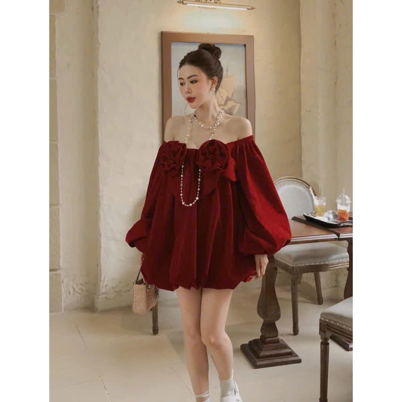 Đầm trễ vai dáng babydoll tay phồng dài