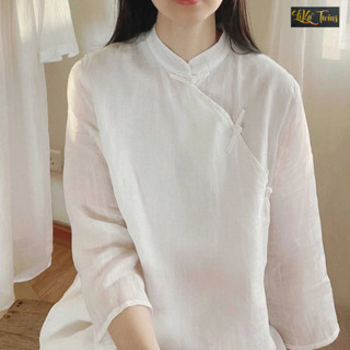 Pháp Phục Nữ Đi Chùa Áo Sơ Mi Cotton Lanh Dáng Rộng Phong Cách Trung Hoa Cổ Điển - PHÁP PHỤC LIKATWINS