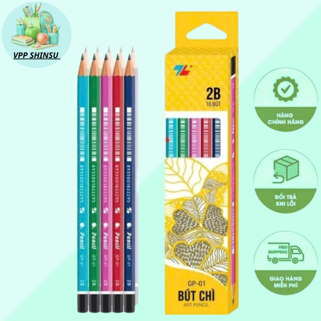 Hộp 10 bút chì 2b Thiên Long GP-01 mẫu mới, bút chì 2b nhiều màu sắc đẹp