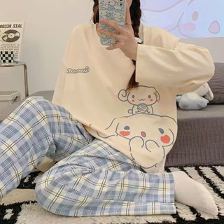 Đồ bộ thun tay dài Quảng Châu, pijama quần dài, đồ mặc ở nhà họa tiết hoạt hình dễ thương, bộ mặc nhà tặng kèm túi