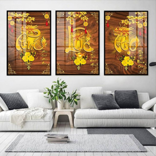  Tranh Tết - Tranh Treo Tường Chữ Thư Pháp - Phúc Lộc Thọ - Tranh Laminate Tráng Gương  Bộ 3 Tấm  