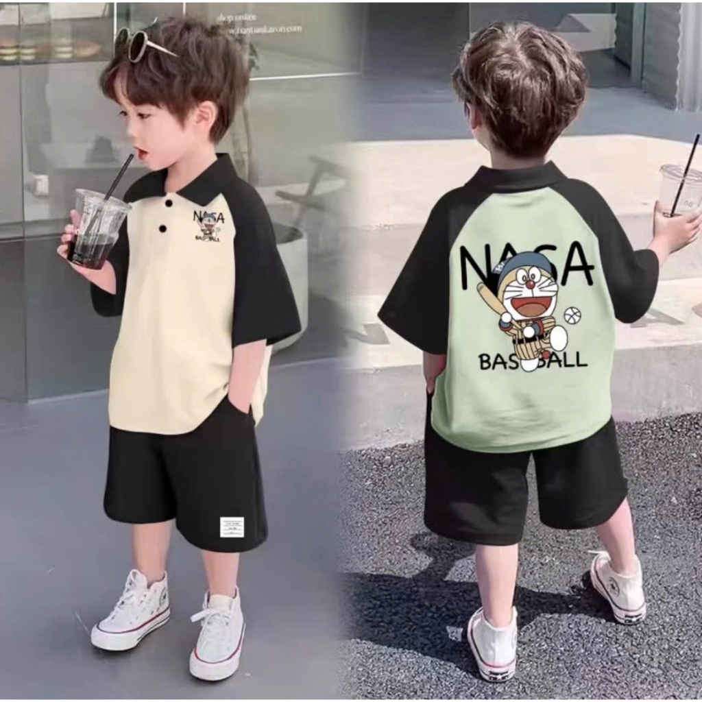Set bộ quần áo mùa hè, áo POLO cho bé trai từ 17-45kg, 4-15 tuổi mặc vừa, mẫu ĐÔREMON, chất vải cott