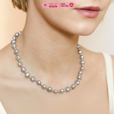 Vòng Cổ Hạt Ngọc Trai Dẹt Màu Xám Mix Bi Hợp Kim - Ngọc Trai Trường Thịnh