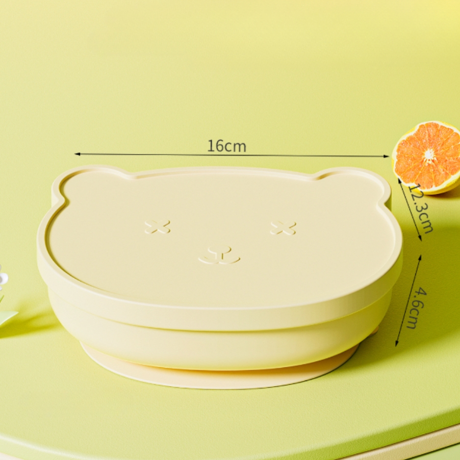 Bát silicon hình gấu ăn dặm có đế hít chống lật, Bát silicon kèm nắp đậy cho bé an toàn hình gấu đán