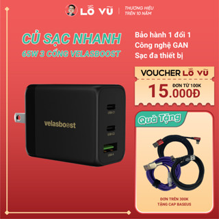Củ sạc 65W 3 cổng Velasboost, sạc nhanh 65W, công nghệ GaN siêu nhỏ, bộ sạc nhanh