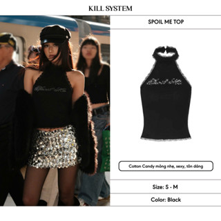 KILL SYSTEM - Áo yếm hở lưng croptop SPOIL ME phối ren đính đá lấp lánh ôm body