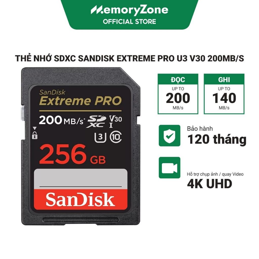 Thẻ nhớ SDXC SanDisk Extreme Pro U3 V30 64GB - 128GB- 256GB 200MB/s