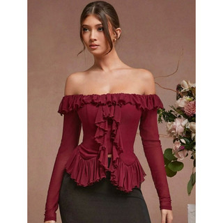 Áo trễ vai viền bèo,tay dài loe, ruffle ngực