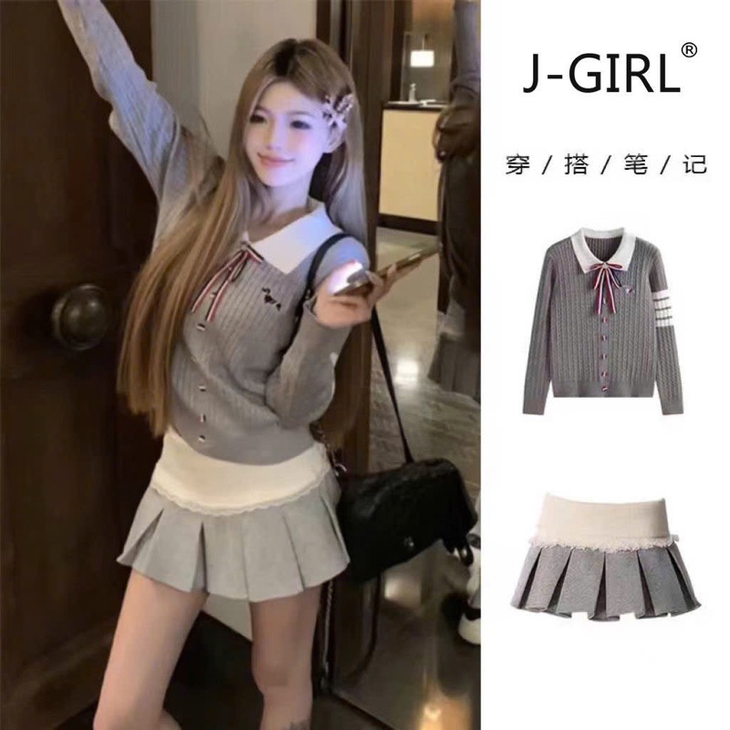 𝐀𝐢𝐦𝐞́𝐞.𝐬𝐭𝐮𝐝𝐢𝐨 [CÓ SẴN] SET ÁO LEN TH.OM NƠ MIX CHÂN VÁY XẾP LY REN HÀN QUỐC