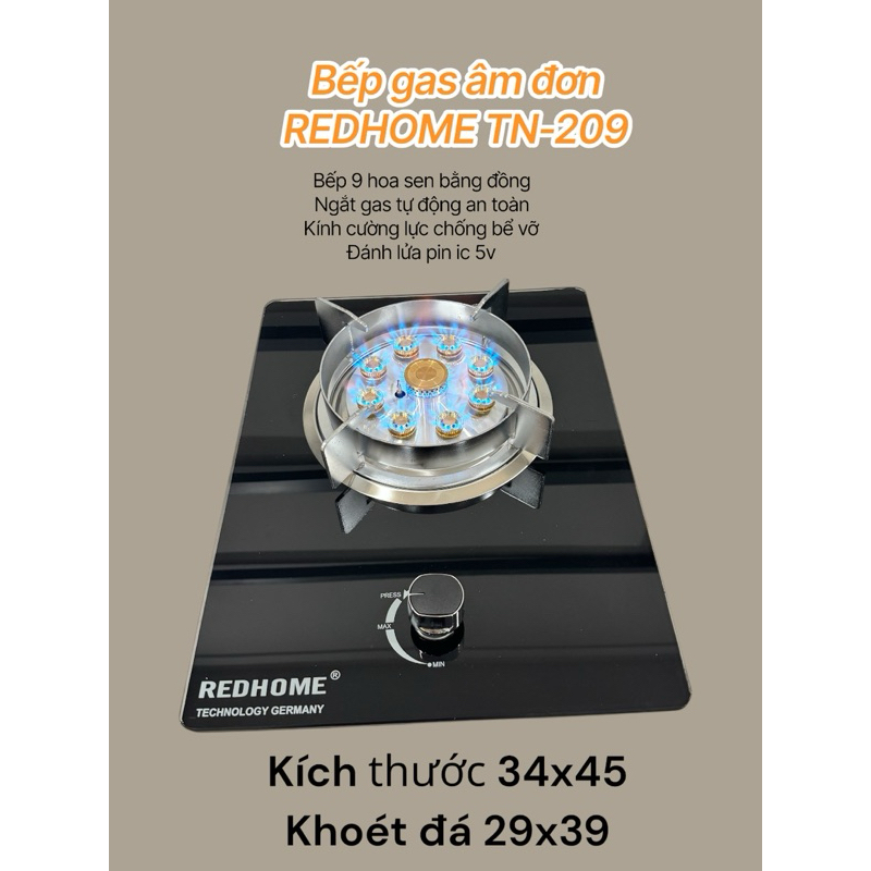 BẾP GAS ÂM ĐƠN 9 ĐẦU ĐỐT REDHOME TN 209 ( ngắt gas tự động , có thể đặt dương và âm )