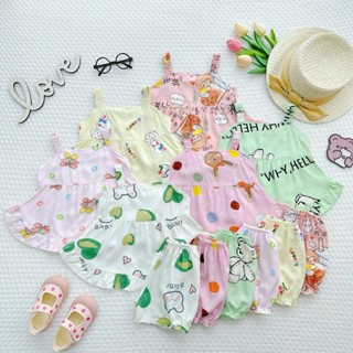 SF004 Bộ lanh 2 dây dáng Baby Doll áo lai bèo, Quần nhún cho Bé gái, bộ tôn hai dây SOL FA KIDS SHOP