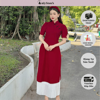 AD001 áo dài cổ tàu nhung kèm chân váy xếp ly