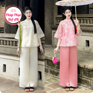 Đồ bộ đi chùa lụa voan tơ 2 lớp thêu hoa nổi Pháp phục đi chùa cổ tàu cách tân Bộ lam đi lễ đính ngọc mặc lễ tết