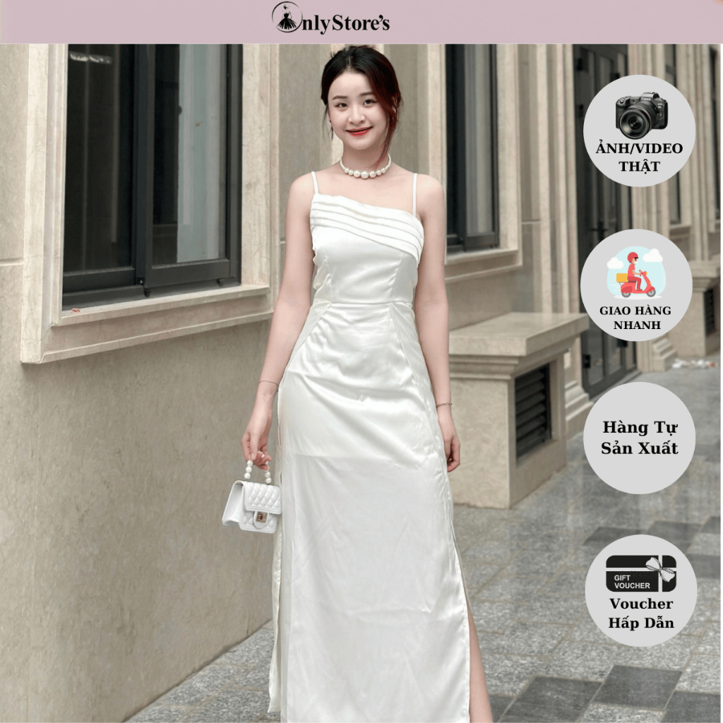 TK061 Đầm lụa 2 dây xéo sang trọng
