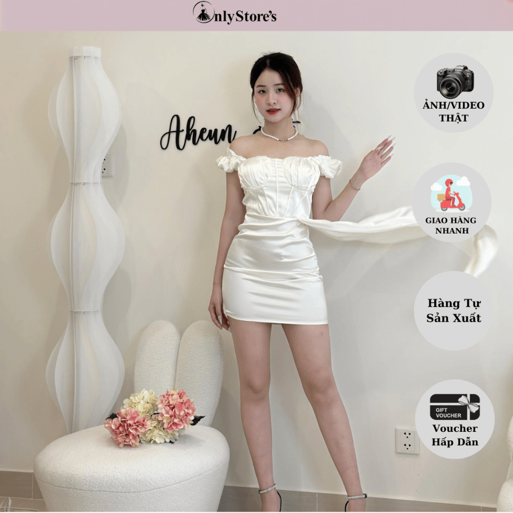 TK063 Đầm lụa trể vai xẻ tà dáng ngắn
