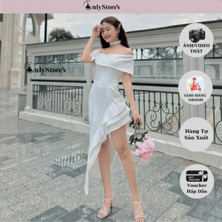 TK102 Đầm lụa trễ vai lệch tà viền bèo kèm chocker sang chảnh