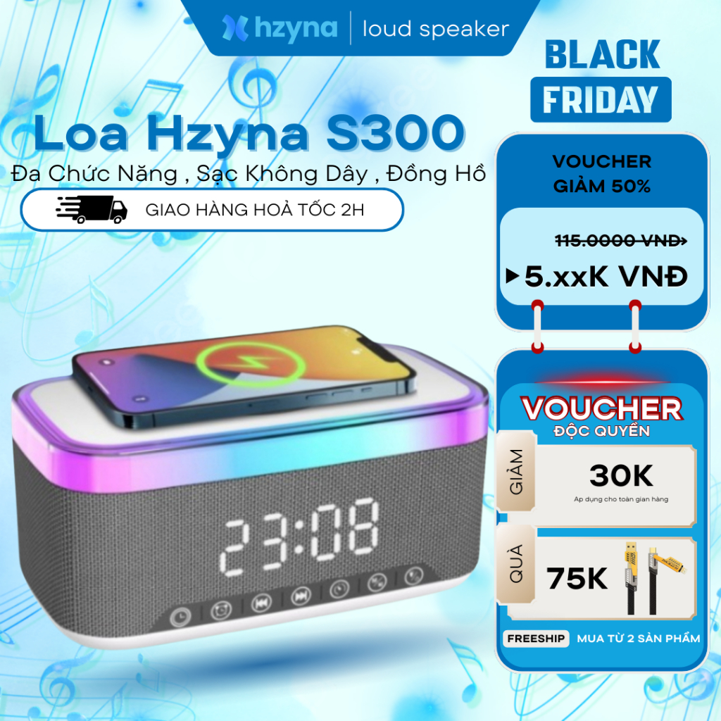 Loa Bluetooth Không Dây Đèn LED S300, Loa Đồng Hồ Kiêm Sạc Không Dây Bass Cực Căng Âm Thanh Siêu Hay