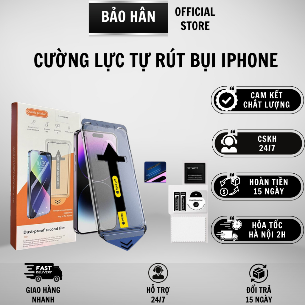Kính Cường lực iphone MAGIC BOX BLACK ARROW có khung tự dán, tự hút bụi - miếng dán màn hình iphone