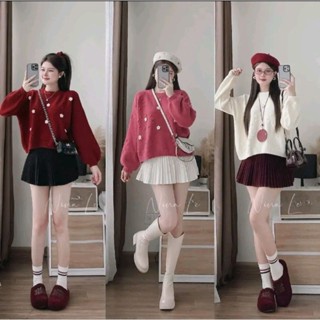 Áo len nữ màu đỏ tay dài, Hàn Quốc tôn dáng, áo khoác cardigan dệt kim thêu nơ cổ bèo, cổ tròn đính hoa hạt sần dập nổi